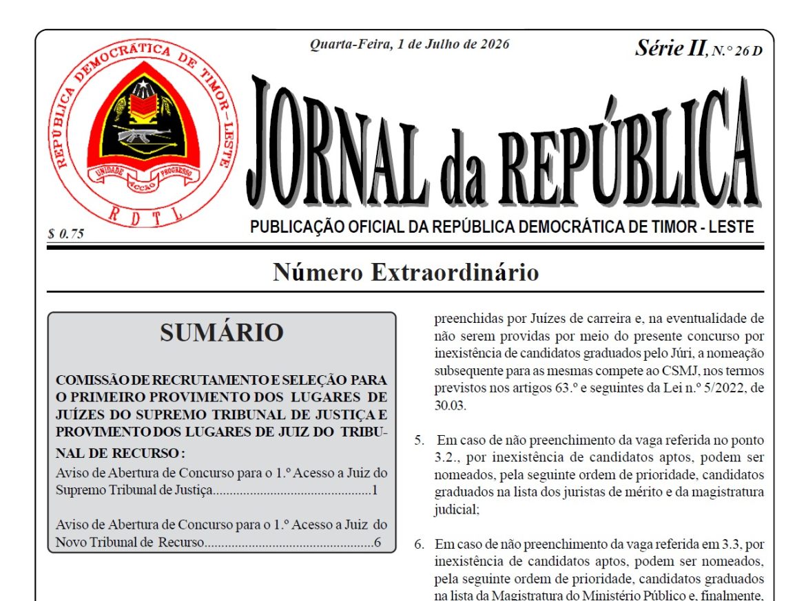 Concurso para juízes do Supremo Tribunal de Justiça e do Tribunal de Recurso abre com 15 vagas e prazo de 30 dias