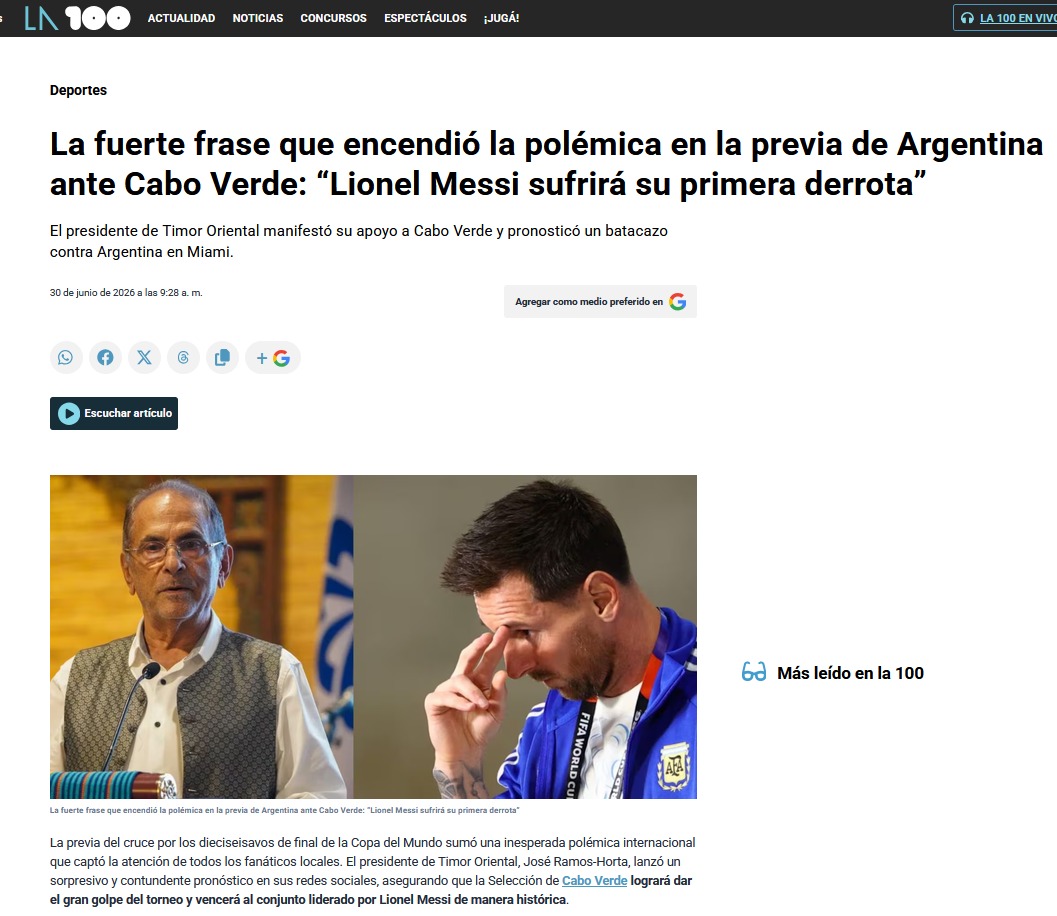 Declarações de Ramos-Horta sobre Cabo Verde levam Timor-Leste a ser notícia na Argentina